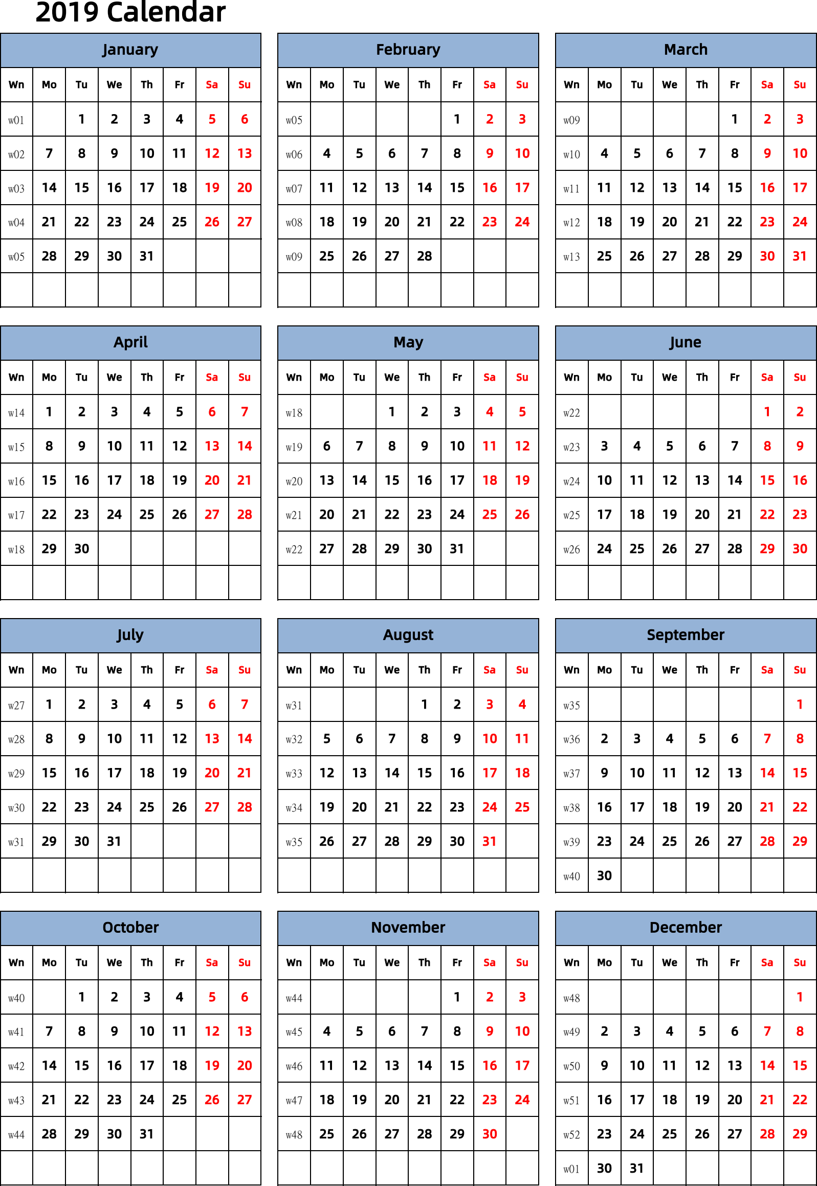 日历表2019年日历 英文版 纵向排版 周一开始 带周数